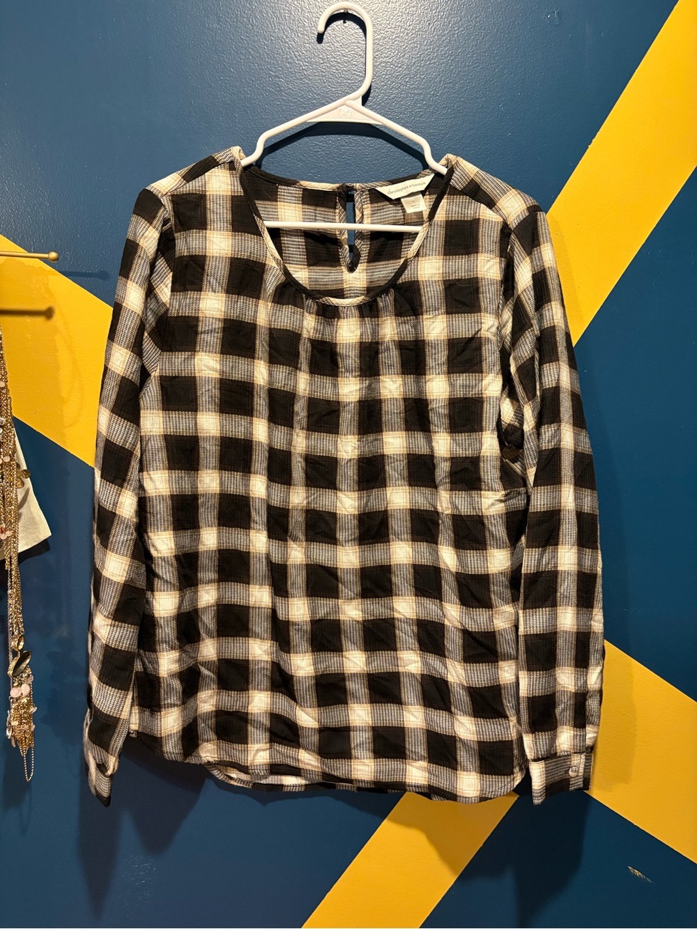 Christopher & Banks Black & Cream Plaid Flannel Blouse EUC